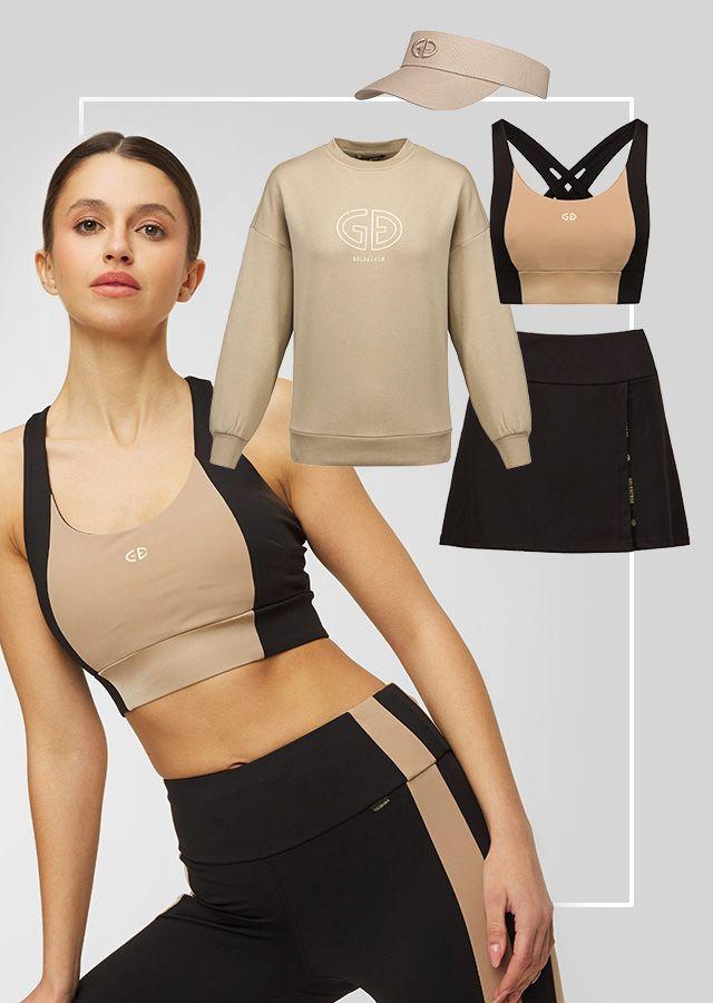 Fashionable women's tennis styling in shades of beige and black