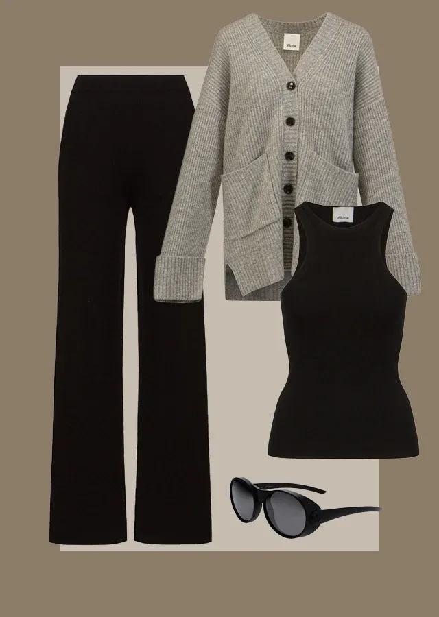 styling old money with black pants and gray sweater