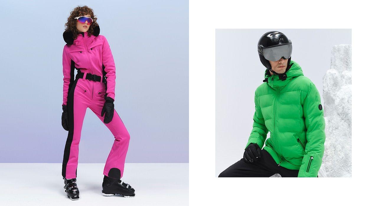 Standing woman in pink ski suit with man in green jacket and ski helmet