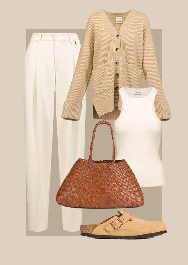 style old money avec un pull beige