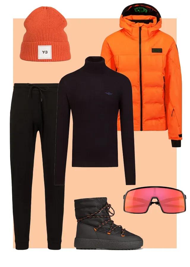 apres ski styling s oranžovou bundou